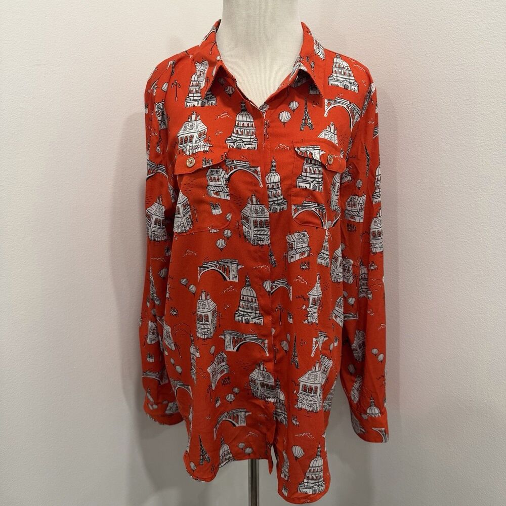 Karl Lagerfeld Eiffel Tower Paris France Women's Print Red Button Down‎ Size Lg